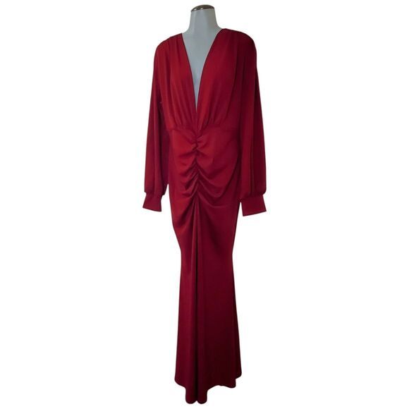 Bodycon Cocktail Maxi Dress V-Neck Bishop Sleeve High Split Ruched Red Formal - Picture 1 of 10